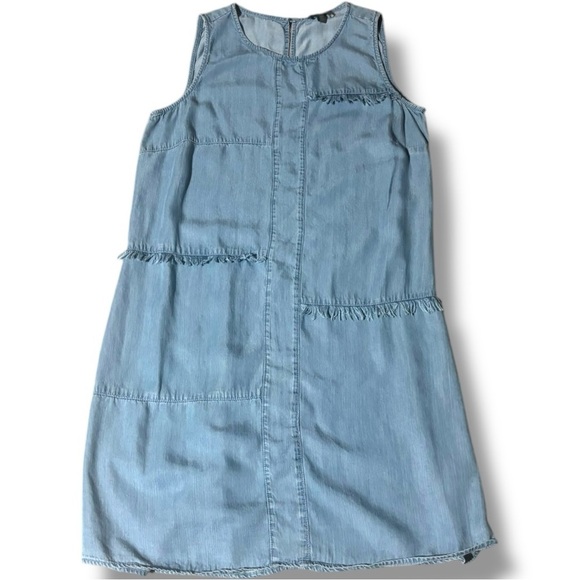 Neiman Marcus Light Denim Patchwork Thick Strap Sleeveless Crew Neck Mini Dress - Picture 12 of 16